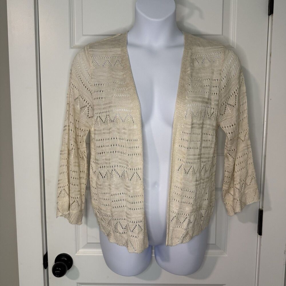 80 Park Women's XL Ivory & 3/4 Sleeve Pointelle Stitch Lightweight Shrug NWT